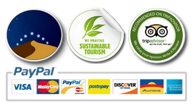 Private Desert Tours badges: sustainable tourism, TripAdvisor recommended and accepted payment cards