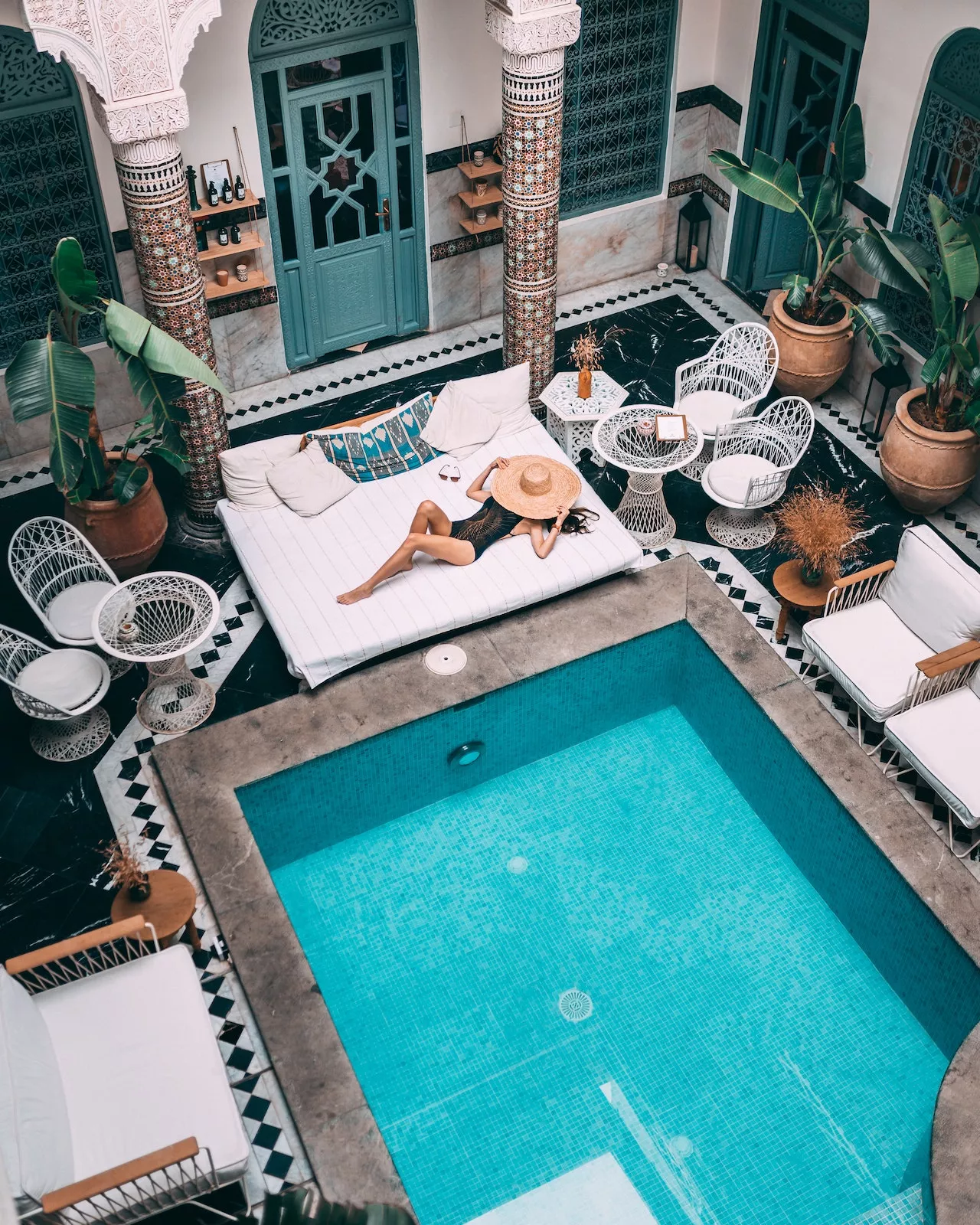Riad courtyard plunge pool seen from above, Marrakech