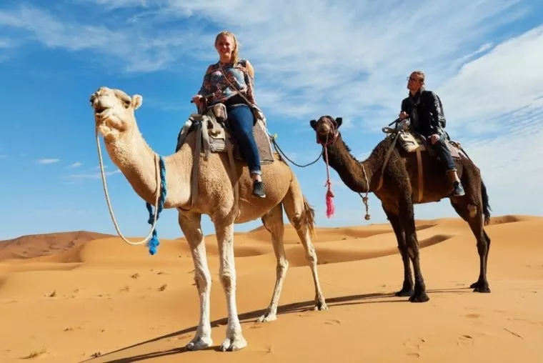 Two riders on camels crossing the dunes at Merzouga, Morocco