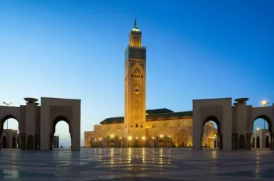Hassan II Mosque and its minaret at dusk, Casablanca