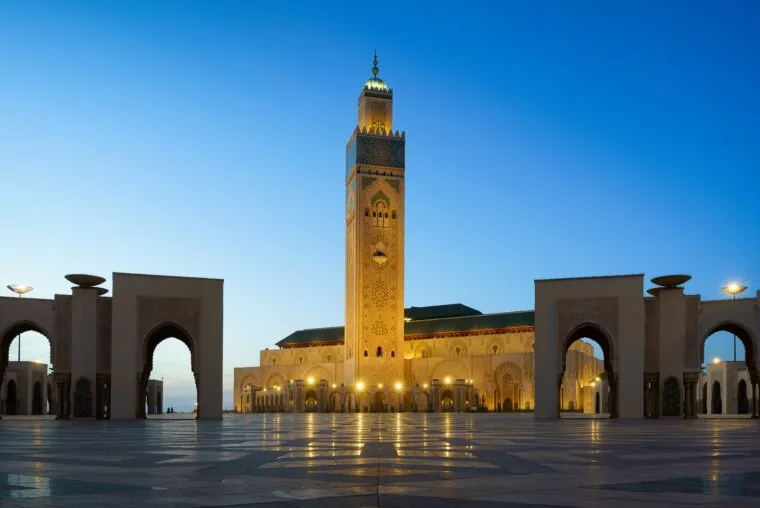 Hassan II Mosque and its minaret at dusk, Casablanca