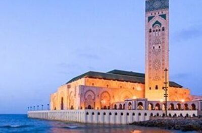 Hassan II Mosque on the Atlantic shore at dusk, Casablanca