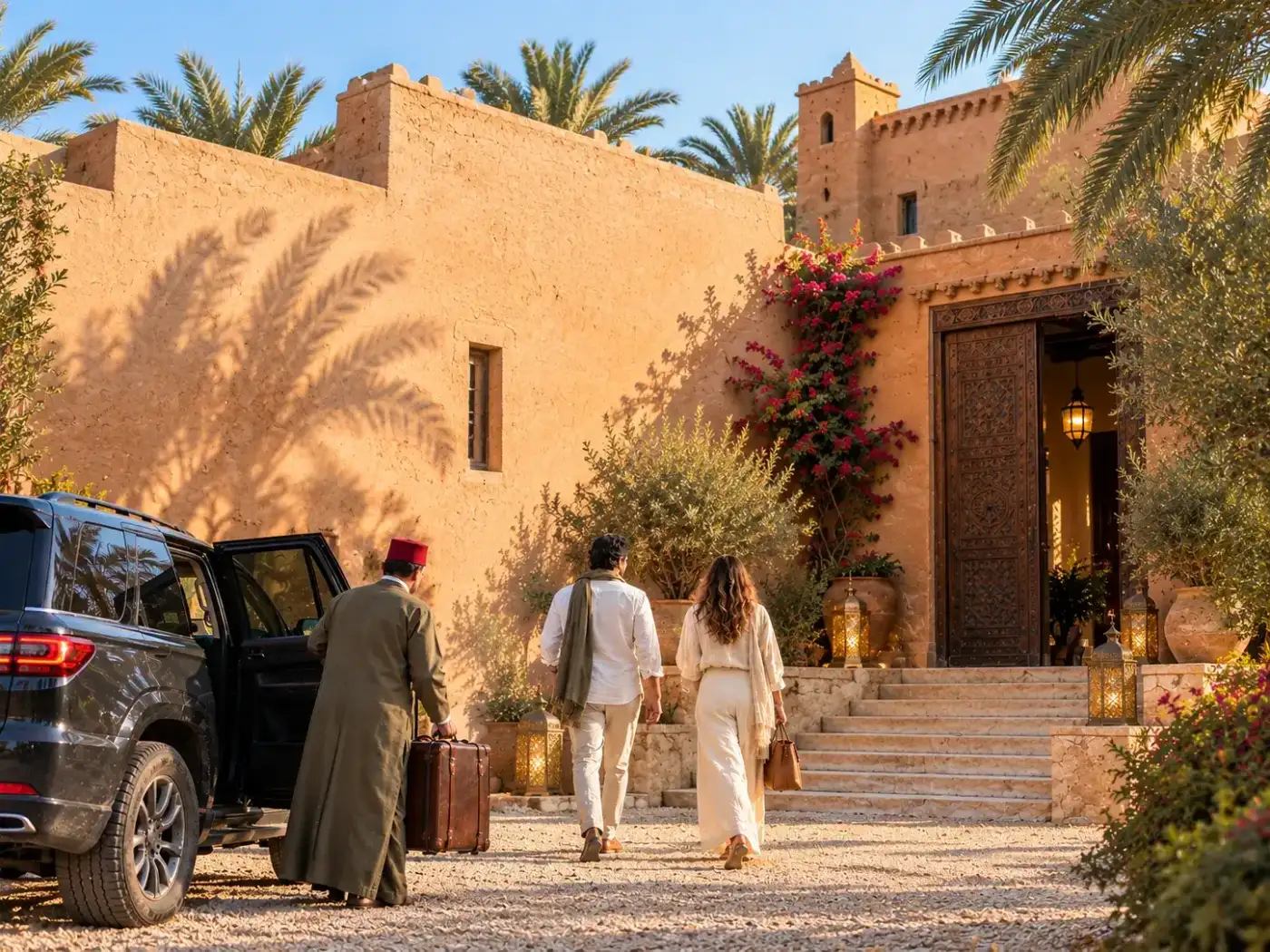 Guests arriving at a luxury kasbah hotel in Morocco, welcomed by a porter beside their private tour SUV