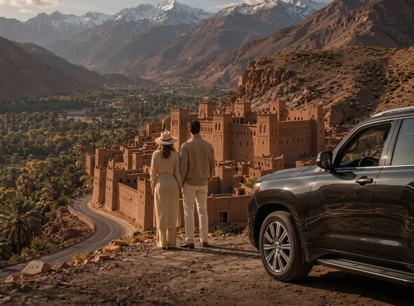 Couple on a luxury Morocco tour overlooking a kasbah village and the snow-capped High Atlas beside their private 4x4