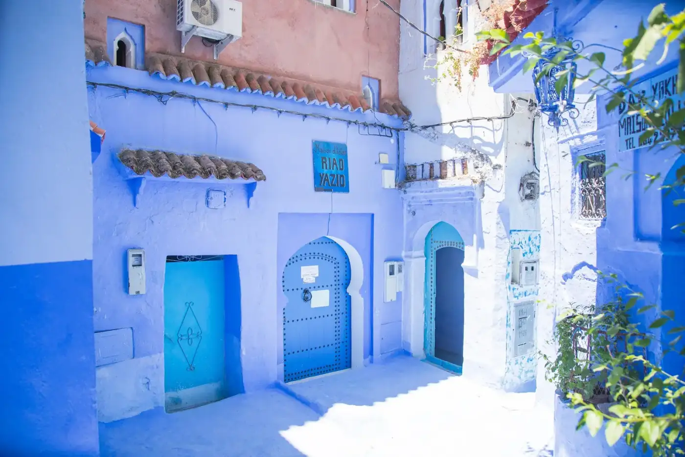 Blue-washed alleyway in Chefchaouen, the Blue Pearl of Morocco, in the Rif Mountains